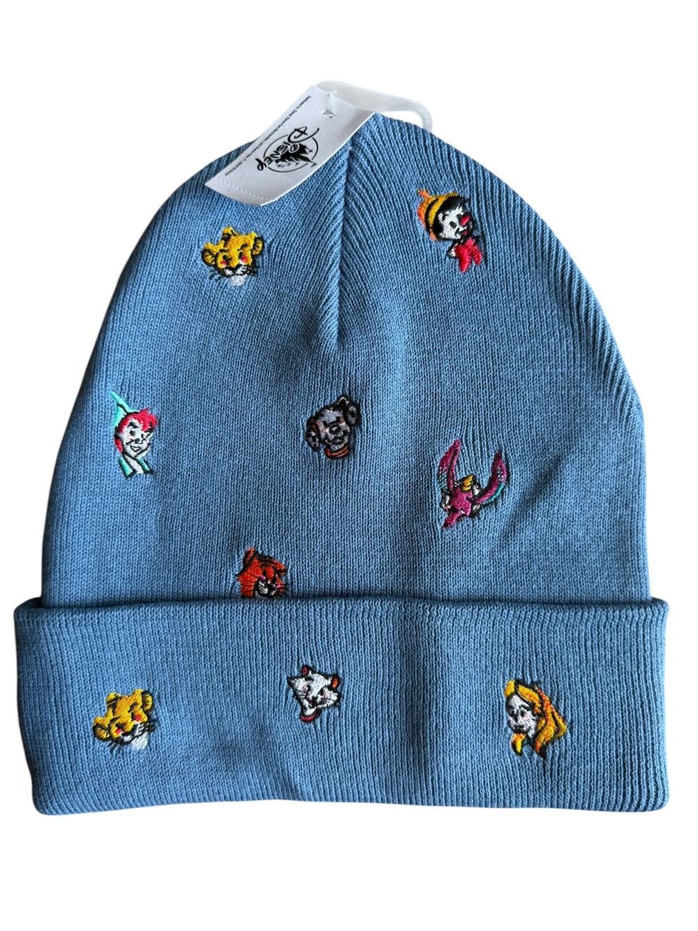 NWT Disney Parks light blue knit beanie featuring embroidered classic characters